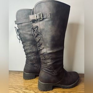 Knee High Wide Calf Brown Lace Back Vegan Leather Boots